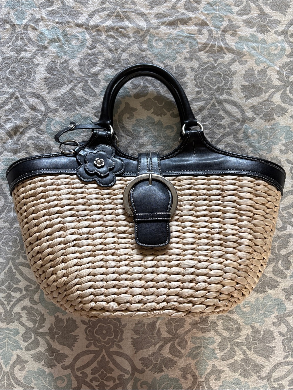 Coldwater Creek Natural Straw Tote with Black Trim and Flower Charm